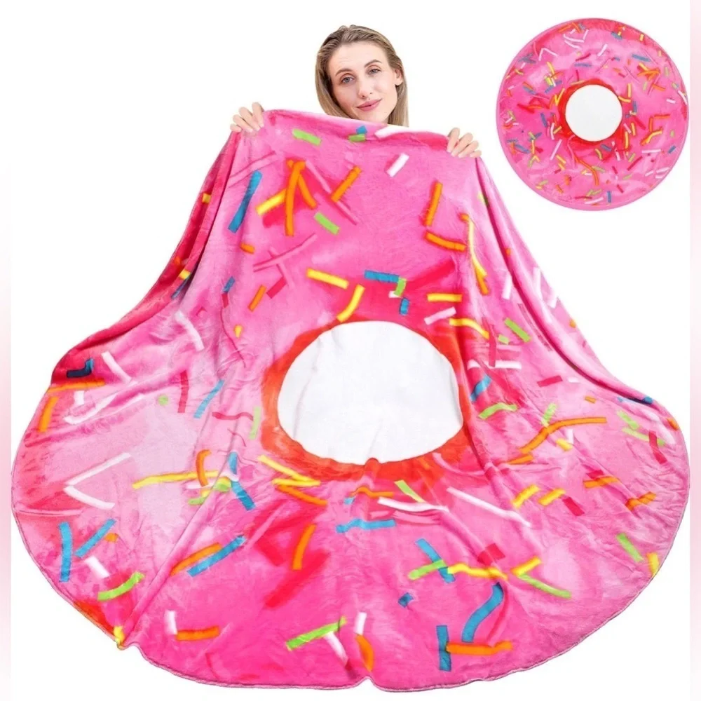 Giant Donut Throw Blanket, Double Sided, Pink, White, 71 inches